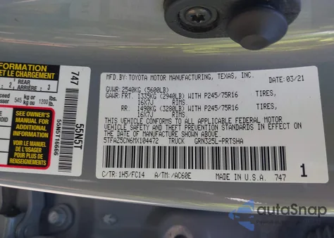 2021 Toyota Tacoma Sr5 V6 из США, поврежденный, VIN 5TFAZ5CN6MX104472